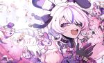  1girl absurdres ahoge animal_ears artist_name black_bow black_gloves bouquet bow confetti dress drill_hair eyepatch fake_animal_ears frilled_dress frills gloves half-closed_eyes heart heart_ahoge highres holding holding_bouquet long_hair looking_at_viewer maid maid_headdress maria_marionette maria_marionette_(maid) marippet_(maria_marionette) multicolored_hair natchan_blue_(nanairopenki) nijisanji nijisanji_en open_mouth pink_eyes pink_hair puffy_sleeves purple_hair rabbit_ears smile streaked_hair teeth twin_drills twitter_username upper_teeth_only virtual_youtuber 