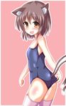  absurdres adjusting_clothes adjusting_swimsuit alternate_costume animal_ears blush brown_eyes brown_hair cat_ears cat_tail chen fang highres looking_at_viewer looking_back multiple_tails naba_(take_tonbo) nekomata one-piece_swimsuit open_mouth pink_background pink_legwear school_swimsuit simple_background smile solo swimsuit tail thighhighs touhou 