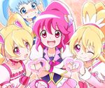  4girls :d aida_mana aino_megumi blonde_hair blue_eyes blue_hair choker clenched_teeth color_connection crossed_arms cure_heart cure_lovely cure_peach cure_princess dokidoki!_precure earrings fresh_precure! hair_ornament happinesscharge_precure! heart heart_hair_ornament heart_hands heart_hands_duo jewelry long_hair magical_girl momozono_love multiple_girls open_mouth pink_choker pink_eyes pink_hair pink_skirt pink_sleeves ponytail precure shirayuki_hime skirt smile tears teeth twintails wide_ponytail wrist_cuffs 