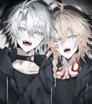  2boys antenna_hair black_choker black_hoodie black_shirt blonde_hair blue_eyes braid choker facial_tattoo gradient_hair highres honkai:_star_rail honkai_(series) hood hood_down hoodie iota_1600 male_focus medium_hair multicolored_hair multiple_boys mydei_(honkai:_star_rail) neck_tattoo open_mouth parted_bangs phainon_(honkai:_star_rail) red_hair red_tattoo shirt short_hair side_braid sun_symbol sun_tattoo tattoo white_hair yellow_eyes 