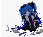  1girl amemiya_darumi black_boots black_bow black_hair black_shirt black_skirt blue_hair blush_(makeup) boots bow chin_piercing chinese_commentary closed_mouth colored_skin comb commentary_request earclip face_piercing facepaint facial_mark full_body hair_bow heart heart_facial_mark knee_boots long_hair long_sleeves mark_under_eye miniskirt multicolored_hair piercing pink_eyes pink_thighhighs pleated_skirt roots_(hair) sailor_collar sailor_shirt shirt simple_background sitting skirt solo striped_clothes striped_shirt the_hundred_line_-last_defense_academy- thighhighs twintails two-tone_hair two-tone_shirt very_long_hair white_background white_shirt white_skin zora009057 