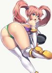  ass bent_over blue_eyes breasts elbow_gloves from_behind frying_pan gloves leotard long_hair looking_back medium_breasts nagase_haruhito open_mouth original pink_hair solo thighhighs twintails 