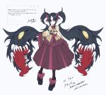  1girl absurdres black_hair black_skirt bow bow_legwear breasts extra_mouth hair_bow highres humanization long_skirt looking_at_viewer mawile medium_breasts mega_mawile odaibako parted_bangs pink_bow pink_eyes pink_skirt pink_socks platform_sandals pleated_skirt pointy_ears pokemon rein_(3313) request_inset sandals sharp_teeth shirt simple_background skirt socks solo tabi teeth twintails white_background yellow_shirt 