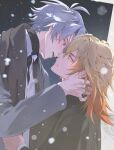 2boys absurdres antenna_hair black_choker black_coat black_jacket black_shirt blonde_hair blue_eyes braid choker coat collared_shirt commentary_request from_side gradient_hair highres honkai:_star_rail honkai_(series) imminent_kiss jacket korean_commentary male_focus medium_hair multicolored_hair multiple_boys mydei_(honkai:_star_rail) parted_bangs phainon_(honkai:_star_rail) pitzconee profile red_hair shirt short_hair side_braid turtleneck turtleneck_shirt white_hair white_shirt yaoi yellow_eyes 