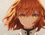  1girl absurdres bomberca309 closed_mouth collared_shirt commentary_request fate/grand_order fate_(series) fujimaru_ritsuka_(female) fujimaru_ritsuka_(female)_(decisive_battle_chaldea_uniform) grey_background hair_between_eyes highres looking_at_viewer orange_eyes orange_hair portrait shirt short_hair solo straight-on turtleneck turtleneck_shirt v-shaped_eyebrows white_shirt 