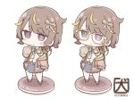  1girl akanotanin13 anya_melfissa anya_melfissa_(indonesian_casual) belt bow brown_belt brown_hair chibi finger_to_mouth glasses hair_bow hashtag-only_commentary hololive hololive_indonesia hood hoodie multicolored_hair neckerchief official_alternate_costume open_mouth skirt streaked_hair virtual_youtuber wolf_cut yellow-framed_eyewear 