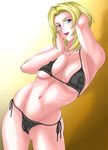  1girl bikini black_bikini black_swimsuit blonde_hair blue_eyes breasts dead_or_alive large_breasts pose short_hair simple_background solo swimsuit tina_armstrong 