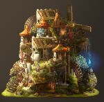  2boys apokarihardcore architecture armor beanie black_eyes black_pantyhose blonde_hair brown_hat brown_tunic candle closed_mouth commentary_request crystal dragon_horns dragon_tail earflap_beanie fire frown grey_background hat horns horns_through_headwear medium_skirt moss multiple_boys mushroom original pantyhose pauldrons piloting red_shoes red_skirt ribbon-trimmed_headwear ribbon_trim shoes short_hair shoulder_armor skirt smoke stairs tail tower tunic v-shaped_eyebrows v-shaped_eyes white_horns windmill 