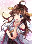  ;p bare_shoulders blue_eyes blush breasts brown_hair detached_sleeves double_bun hair_ornament hairband headgear japanese_clothes kantai_collection kongou_(kantai_collection) long_hair medium_breasts nontraditional_miko one_eye_closed open_mouth ryusei2u skirt smile solo tongue tongue_out 