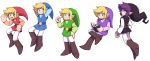  belt belt_buckle black_tunic blonde_hair blue_eyes blue_hat blue_tunic blush book boots clone clones elf_ears focused green_hat green_tunic hands_behind_head highres legs_crossed link looking_at_viewer looking_back neutral_expression nintendo pose posing purple_hair purple_hat purple_tunic reading red_hat red_tunic shadow_link silver-kinesis smiling the_legend_of_zelda the_legend_of_zelda:_four_swords watermark 