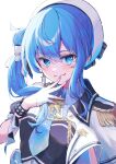  1girl beret blue_eyes blue_hair blue_nails blue_necktie blue_shirt bow breasts brooch closed_mouth collared_shirt commentary_request detached_sleeves epaulettes fingerless_gloves gloves hair_between_eyes hat highres hololive hoshimachi_suisei hoshimachi_suisei_(supernova) idol_clothes jewelry kamkampan long_hair looking_at_viewer medium_breasts necktie official_alternate_costume official_alternate_hairstyle pleated_skirt puffy_detached_sleeves puffy_sleeves shirt side_cape side_ponytail simple_background single_epaulette skirt solo star_(symbol) star_in_eye symbol_in_eye upper_body virtual_youtuber white_background white_bow white_gloves white_hat white_skirt 