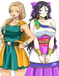  2girls :d alternate_costume anbj belt bianca_(dq5) bianca_(dq5)_(cosplay) blue_eyes bow bracelet braid breasts brown_eyes brown_hair cape character_request choker commentary_request cosplay cosplay_request dragon_quest dragon_quest_v earrings flora_(dq5) flora_(dq5)_(cosplay) hands_on_own_hips idolmaster idolmaster_cinderella_girls jewelry large_breasts long_hair matsunaga_ryo medium_breasts multiple_girls purple_bow smile standing sugisaka_umi very_long_hair white_background yellow_cape 