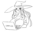  :&lt; bespectacled brand_name_imitation breasts cleavage computer dragon's_crown glasses greyscale hat huge_breasts laptop long_hair matsu-sensei monochrome office_lady portmanteau shirt sketch solo sorceress_(dragon's_crown) vaio witch_hat 