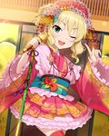  ;d artist_request blonde_hair flower frills green_eyes hair_flower hair_ornament headdress idolmaster idolmaster_cinderella_girls japanese_clothes kimono kimono_skirt lolita_fashion looking_at_viewer microphone obi official_art one_eye_closed open_mouth petticoat sakurai_momoka sash short_kimono smile solo wa_lolita 