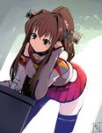  brown_eyes brown_hair detached_sleeves drinking_fountain flower hair_flower hair_intakes hair_ornament hair_tucking kantai_collection long_hair momo_(higanbana_and_girl) ponytail sexually_suggestive skirt solo thighhighs yamato_(kantai_collection) 