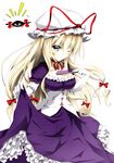  blonde_hair blush bow breasts choker cleavage closed_fan corset dress dress_lift elbow_gloves fan folding_fan frills gap gloves hair_bow hair_ribbon hat hat_bow highres large_breasts long_hair looking_at_viewer mob_cap one_eye_closed puffy_short_sleeves puffy_sleeves purple_dress ribbon ribbon_choker short_sleeves simple_background smile solo stachz touhou tress_ribbon white_background white_gloves yakumo_yukari yellow_eyes 