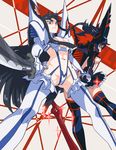  bakuzan black_hair blue_eyes boots breasts cleavage cleavage_cutout eyebrows holding_hands junketsu katana kill_la_kill kinger kiryuuin_satsuki long_hair matoi_ryuuko medium_breasts multicolored_hair multiple_girls navel red_hair revealing_clothes scissor_blade senketsu short_hair suspenders sword thick_eyebrows thigh_boots thighhighs two-tone_hair underboob very_long_hair weapon 