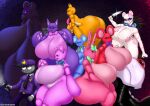  404yaiba 5_fingers absurd_res accessory animate_inanimate anthro artist_name badge bear bent_over big_breasts big_butt black_body blue_body blue_bow_tie blue_inner_ear bow_ribbon bow_tie bratti_(gremlingrounded) breasts butt clothing colored countershade_breasts countershade_torso countershading creepi_(gremlingrounded) domestic_cat empty_eyes felid feline felis female femboy fingers full_body_suit glowing glowing_eyes gradient_background green_bow_tie green_hair_bow green_necktie group hair_accessory hair_bow hair_ribbon half-closed_eyes happy hat headgear headwear hi_res hoppi_(gremlingrounded) huge_breasts huge_butt humanoid hyper hyper_breasts jerri_(gremlingrounded) knife larger_anthro larger_female licking licking_lips living_plushie long_ears looking_at_viewer lovedoll_toy_factory machine male mammal mouse murid murine narrowed_eyes neck_bow necktie nervous nightguard nude nude_anthro open_mouth pawpads paws pink_body pink_bow_tie pink_inner_ear plushie pointy_ears purple_background purple_body purple_bow_tie purple_clothing red_body red_bow_tie red_inner_ear red_necktie ribbons robot robot_humanoid rodent round_ears security_(gremlingrounded) shaded short_stack signature simple_background size_difference smaller_humanoid smaller_male smile star_symbol stylized_empty_eyes suit teddi_(gremlingrounded) teddibear_(gremlingrounded) text thick_thighs tongue tongue_out whiskers 