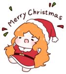  1girl :3 chibi christmas commentary dress egodiary english_commentary english_text full_body hat ishmael_(project_moon) limbus_company long_hair open_mouth orange_hair project_moon red_dress santa_costume santa_dress santa_hat simple_background smile solid_oval_eyes solo white_background 