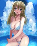  atago_(kantai_collection) bikini blonde_hair blue_eyes breasts cleavage cloud day hat highleg highleg_bikini highleg_swimsuit ka-class_submarine kantai_collection large_breasts long_hair multiple_girls ocean rinaka_moruchi shinkaisei-kan solo_focus swimsuit water 