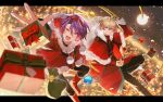  2boys absurdres black_pants blonde_hair blue_eyes blurry blurry_background boots capelet christmas christmas_ornaments closed_mouth colored_inner_hair commentary confetti full_moon fur-trimmed_capelet fur_trim fura_kanato gift hairband highres holding holding_sack jisshu letterboxed looking_at_viewer male_focus moon multicolored_hair multiple_boys nijisanji open_mouth outdoors pants pink_hair pom_pom_(clothes) purple_hair reaching reaching_towards_viewer red_boots red_capelet red_hairband sack santa_costume short_hair smile virtual_youtuber watarai_hibari yellow_eyes 