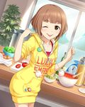  ;p artist_request badge brown_eyes brown_hair button_badge counter hood hoodie idolmaster idolmaster_cinderella_girls kitami_yuzu kitchen_scale mixing_bowl official_art olive one_eye_closed onion pom_pom_(clothes) short_hair sleeves_pushed_up tomato tongue tongue_out weighing_scale window 