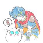  1boy animal_ears bear_ears black_hair blue_eyes cape commentary_request fire_emblem fire_emblem:_path_of_radiance fire_emblem_shadows green_headband headband highres ike_(fire_emblem) ike_(radiant_merc)_(fire_emblem) jigglypuff male_focus norajiyuuchou official_alternate_design pokemon pokemon_(creature) red_cape short_hair simple_background spoken_object super_smash_bros. white_background 