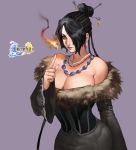  1girl absurdres bare_shoulders black_dress black_hair breasts cleavage commentary dress earrings english_commentary final_fantasy final_fantasy_x fire grey_background hair_bun hair_ornament hair_over_one_eye highres index_finger_raised jewelry large_breasts lipstick long_hair lulu_(ff10) magic makeup mole mole_under_mouth nail_polish necklace purple_nails red_eyes solo strap wide_sleeves zelus 