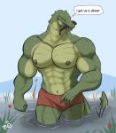 abs alligator alligatorid anthro biceps big_body_small_head clothed clothing countershade_torso countershading crocodilian digital_media_(artwork) fish_in_mouth green_body green_scales grey_eyes hi_res looking_at_viewer male muscular muscular_anthro muscular_arms muscular_male navel nipples non-mammal_navel non-mammal_nipples outside pantsless partially_submerged pecs red_clothing red_underwear reptile scales scalie senimentari signature sky solo speech_bubble submerged_legs swamp topless underwear underwear_only