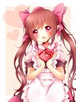  apron bad_id bad_pixiv_id blush box brown_hair gift hat heart-shaped_box himekaidou_hatate long_hair looking_at_viewer necktie open_mouth pointy_ears red_eyes sanotsuki skirt smile solo tokin_hat touhou twintails valentine 