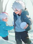  2boys aqua_eyes black_pants black_shirt blue_coat boku_no_hero_academia brothers child coat commentary_request grey_coat grey_hoodie hair_between_eyes highres holding holding_snowball hood hoodie konbu_babu male_focus multicolored_hair multiple_boys open_mouth outdoors pants red_hair shirt short_hair siblings smile snow snowball snowing todoroki_shoto todoroki_touya two-tone_hair white_hair winter 