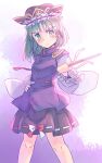  1girl :/ asymmetrical_clothes black_skirt blue_shirt blush commentary_request epaulettes feet_out_of_frame frilled_hat frills gradient_background green_eyes green_hair hand_on_own_hip hand_up hat holding holding_rod knees long_sleeves medium_hair one-hour_drawing_challenge purple_background rangycrow red_ribbon ribbon rod shiki_eiki shirt sideways_glance skirt solo touhou white_ribbon white_sleeves 