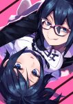  2girls :q absurdres asymmetrical_docking black_hair blue_eyes blue_hair braid breast_press breasts durarara!! glasses gym_shirt gym_uniform hair_between_eyes highres large_breasts licking_lips looking_at_viewer lying medium_breasts multiple_girls orihara_kururi orihara_mairu pa_yashi parted_lips pink-framed_eyewear pink_background shirt short_hair short_sleeves siblings single_braid sisters skirt smile tongue tongue_out twins v-shaped_eyebrows white_shirt 