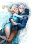 1girl banned_artist blonde_hair blue_dress blue_eyes braid couple crossover dress elsa_(frozen) eye_contact frozen_(disney) hair_ornament hetero highres hood hoodie hug jack_frost_(rise_of_the_guardians) lips long_hair looking_at_another pants power_connection rise_of_the_guardians sakimichan side_slit silver_hair smile snowflake_hair_ornament 