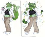  before_and_after canid canine clipboard erlenmeyer_flask female fox fur green_fur lab_coat mammal midriff ponytail procyonid raccoon sparkles species_transformation sue-chan_(artist) traditional_media_(artwork) transformation 