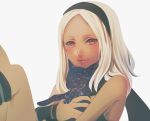  1girl animal black_cat black_scarf blonde_hair cat dark_skin dusty_(gravity_daze) gravity_daze gravity_daze_2 hairband hug itsuki_(itsukiovo) kitten_(gravity_daze) leg_warmers long_hair looking_at_viewer red_eyes scarf short_hair simple_background smile solo strapless 