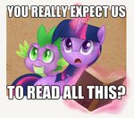  cutie_mark dialog dragon english_text equine female friendship_is_magic green_eyes horn image_macro low_res magic male mammal my_little_pony open_mouth purple_body purple_eyes reaction_image scalie spike_(mlp) text tl;dr twilight_sparkle_(mlp) unicorn 
