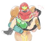 1boy 1girl angry arm_cannon artist_request blush boxing_gloves carrying full-face_blush gloves little_mac metroid nintendo power_armor power_suit princess_carry punch-out!! role_reversal samus_aran super_smash_bros. tangy_citrus varia_suit weapon 