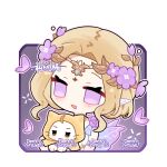  1girl absurdres ahoge animal bare_shoulders blonde_hair blooming_dreams_(infinity_nikki) bob_cut border brown_eyes bud bug butterfly cat chibi chinese_commentary circlet cloak clothed_animal commentary_request commission dress ear_covers eyelashes fairy fairy_wings fake_pointy_ears flower gold_circlet hair_flower hair_ornament happy highres holding holding_animal holding_cat hood hood_up hooded_cloak infinity_nikki light_blush looking_ahead momo_(nikki) nikki_(series) open_mouth outline pink_outline purple_background purple_butterfly purple_dress purple_eyes purple_flower purple_wings sample_watermark short_hair sidelocks sleeveless sleeveless_dress smile sparkle upper_body watermark wavy_hair whiskers white_border white_cat wings yellow_cloak yingxueyu 