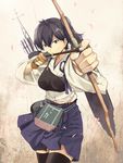  aiming archery armor arrow bow_(weapon) brown_eyes brown_hair drawing_bow foreshortening gloves holding holding_arrow holding_bow_(weapon) holding_weapon japanese_clothes kaga_(kantai_collection) kantai_collection kyuudou looking_at_viewer muneate outstretched_arm partly_fingerless_gloves ponytail quiver side_ponytail single_glove solo thighhighs tomozo_kaoru weapon yugake 