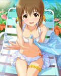  :d anthurium bikini blush breasts brown_eyes brown_hair chair cleavage flower hagiwara_yukiho hair_flower hair_ornament hand_on_own_chest hibiscus idolmaster idolmaster_(classic) idolmaster_cinderella_girls jewelry lounge_chair medium_breasts necklace official_art open_mouth short_hair short_twintails smile solo star swimsuit towel twintails water 