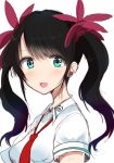  1girl :d bangs black_hair blue_eyes breasts collared_shirt commentary_request eyebrows_visible_through_hair hair_ornament haru_(nature_life) ling_xiaoyu long_hair looking_at_viewer looking_to_the_side medium_breasts necktie open_mouth red_neckwear shirt short_sleeves sidelocks simple_background smile solo tekken tekken_7 twintails upper_body white_background white_shirt 
