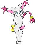  anthro barbs blue_eyes claws cyanzangoose digimon erection feline feline_penis gatomon gay gloves looking_at_viewer male mammal penis pink_penis plain_background standing white_background wide_hips 