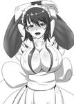  1girl arms_up blush breasts cleavage collarbone hips huge_breasts iroha iroha_(samurai_spirits) large_breasts maid maid_headdress masa_ani open_mouth samurai_spirits snk solo sweat sweatdrop teeth tongue worried wristband 