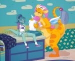 baby_powder blue_body blue_diaper blue_hair blush bodily_fluids changing_table clothed clothing detailed_background diaper diaper_change dragon embarrassed english_text featureless_crotch footwear genital_fluids hair hi_res holding_backpack holding_diaper hypnosis looking_at_diaper marine merfolk merunyaa mind_control mythological_creature mythological_scalie mythology object_in_mouth pacifier pacifier_in_mouth pouch_(anatomy) scalie shoes socks split_form tail text touching_diaper trash_can unclean_diaper urine used_diaper wearing_diaper wet_diaper wings yellow_body