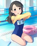  :d artist_request black_eyes black_hair blush covered_navel drain_(object) frame idolmaster idolmaster_cinderella_girls indoors innertube jpeg_artifacts kickboard kurihara_nene lane_line long_hair looking_at_viewer name_tag official_art one-piece_swimsuit open_mouth pool poolside reflection school_swimsuit shirt sitting smile solo swimsuit swimsuit_under_clothes t-shirt undressing water window 