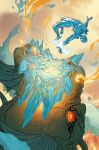  1boy breath_weapon breathing_fire colored_sclera comic_cover commentary cryokinesis dragon english_commentary fighting fin_fang_foom fins fire green_scales head_fins ice_hair iceman_(x-men) male_focus marvel matt_wilson monster muscular muscular_male official_art open_mouth orange_sclera orange_sky outdoors red_eyes russell_dauterman sharp_teeth size_difference sky teeth water x-men 