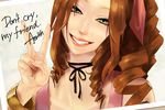  1girl aerith_gainsborough brown_hair character_name creepy female final_fantasy final_fantasy_vii green_eyes grin hair_ribbon long_hair looking_at_viewer postcard ribbon smile solo teeth v yoa 