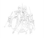  apple_grant armor armored_dress bow_(weapon) character_request club crossbow drill_hair faulds fighting_stance gauntlets greaves greyscale helmet highres knight lineart long_hair medieval monochrome multiple_girls polearm quad_drills rapier shield smile spear spiked_club sword twintails warhammer weapon winged_helmet 