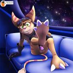 3_toes 4_fingers anthro anus armpit_hair balls blush body_hair chain_necklace chastity_cage chastity_device claws clothed clothed_anthro clothing detailed_background eyebrows feet fingers foot_focus fur furniture genitals gloves green_eyes handwear headgear headwear hi_res inside jewelry kanada lock lombax looking_at_viewer male mammal markings necklace nipple_piercing nipples patreon patreon_logo patreon_username piercing pink_chastity_cage pink_nose raised_eyebrow raised_foot ratchet_(ratchet_and_clank) ratchet_and_clank shaded sofa solo sony_corporation sony_interactive_entertainment space star striped_markings striped_tail stripes tail tail_markings teeth toe_claws toes white_claws yellow_body yellow_fur